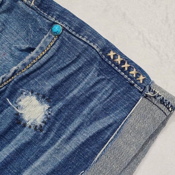 YNO ✦ Boho Denim Shorts ✦ Distressed Blue Cutoffs w/ Woven Waistband Sz 7/8 NWOT - Picture 3 of 7